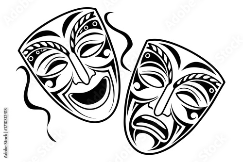 Traditional comedy and tragedy theater masks with tribal designs