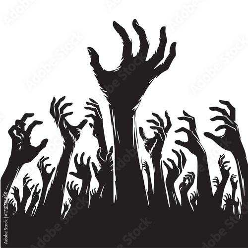 Black Zombie Hand Rising Silhouette Vector Illustration design, Solid White Background
