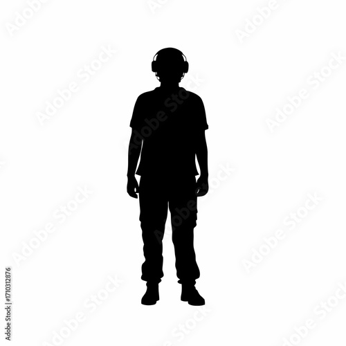 Silhouette of factory worker with ear protection isolated on white background