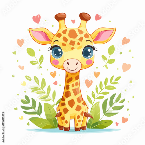 Adorable Cartoon Giraffe with Big Eyes and Green Leaves, Perfect for Children's Designs and Decorations