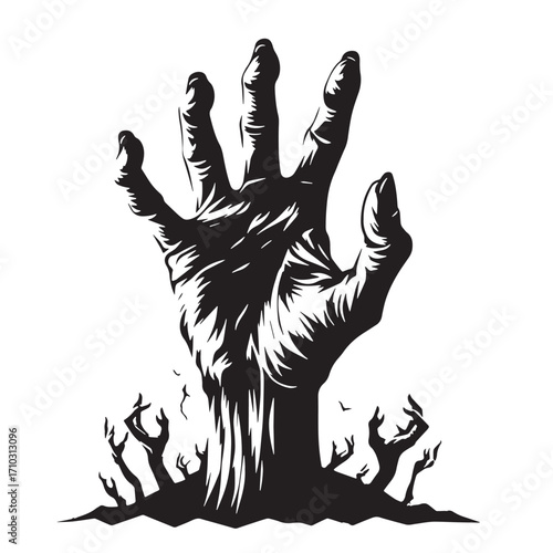 Black Zombie Hand Rising Silhouette Vector Illustration design, Solid White Background