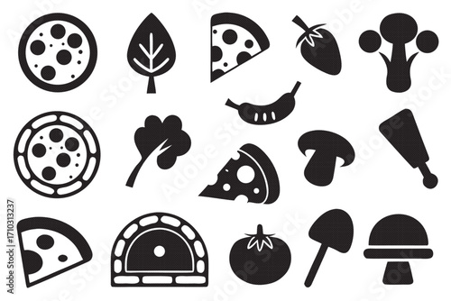 Pizza ingredient icons showcasing various toppings, vegetables, and cooking tools for creating delicious homemade pizza