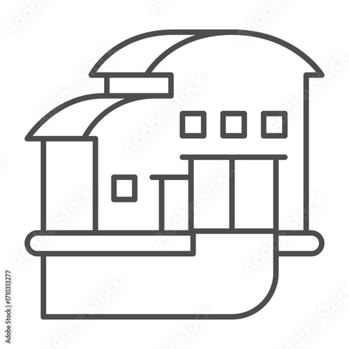 Building with warehouse thin line icon, manufacturing logistic concept, hangar with gate and road sign on white background, outline style icon for mobile and web design. Vector graphics.