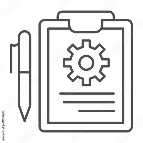 Sheet on clipboard with task for mechanic and pen thin line icon, manufacturing management concept, note sign on white background, outline style icon for mobile and web design. Vector graphics.