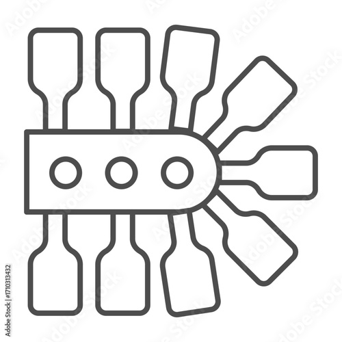 Conveyor with products, bottles thin line icon, manufacturing process concept, factory bottling equipment sign on white background, outline style icon for mobile and web design. Vector graphics.