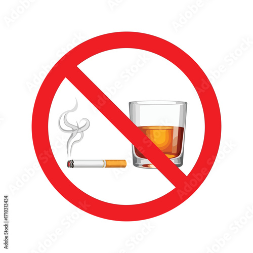A red prohibition sign indicating no smoking and no alcohol, featuring a lit cigarette and a glass of amber liquid crossed out.