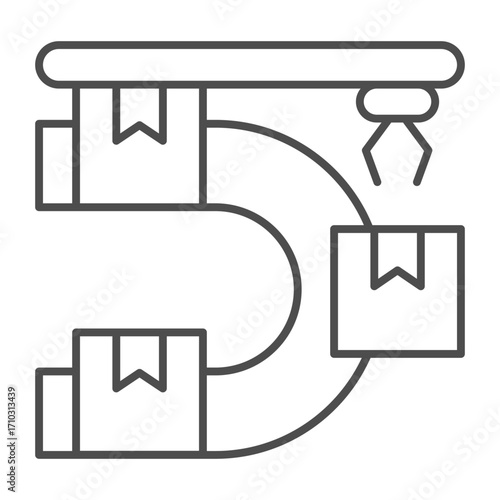 Sorting conveyor with boxes and robotic arm thin line icon, manufacturing concept, robot claw work sign on white background, outline style icon for mobile and web design. Vector graphics.