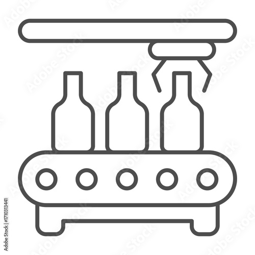 Conveyor with bottles and robotic arm claw thin line icon, manufacturing concept, factory belt bottling sign on white background, outline style icon for mobile and web design. Vector graphics.