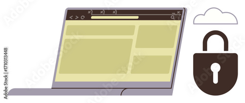Laptop screen with webpage layout, adjacent lock, and cloud icon symbolizing secure browsing. Ideal for cybersecurity, data protection, cloud storage, online privacy, encryption, safety digital