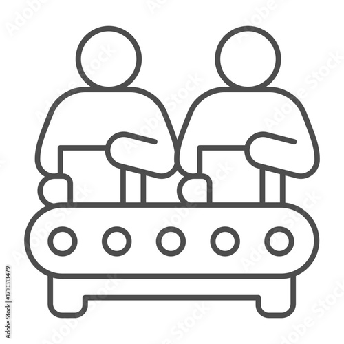 Two people working at conveyor with boxes thin line icon, manufacturing work concept, factory worker sign on white background, outline style icon for mobile and web design. Vector graphics.