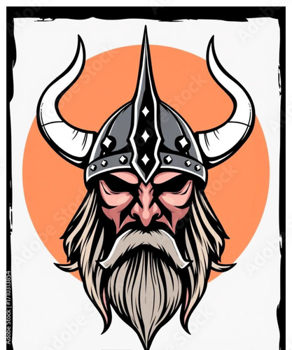 Viking Warrior Illustration: A formidable depiction of a fierce Viking warrior, his face etched with determination, adorned with a horned helmet against a circular backdrop.
