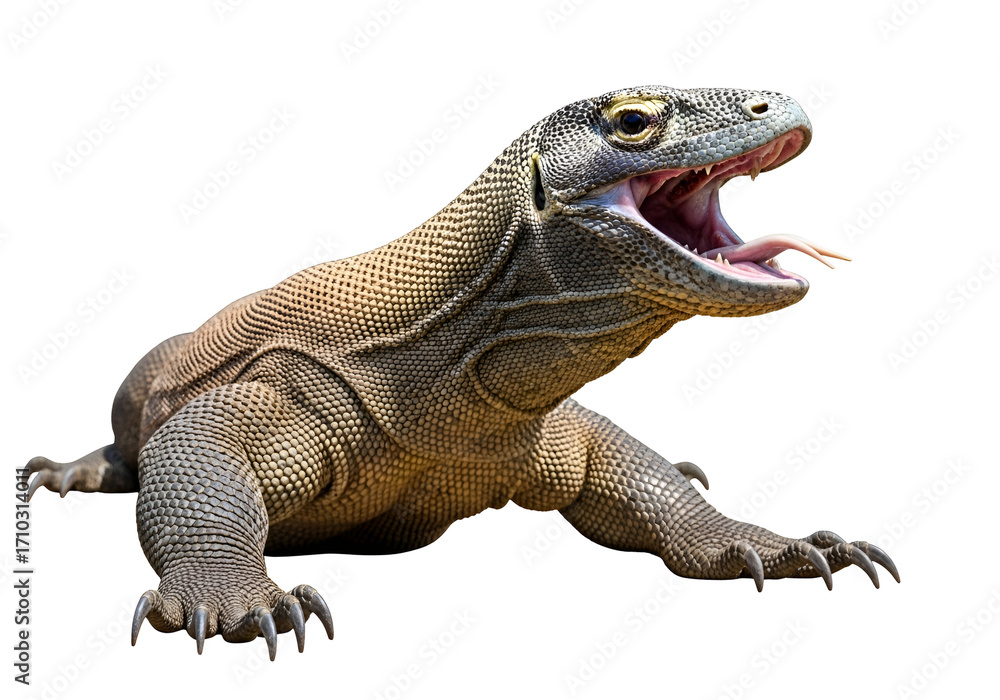 Fototapeta premium A komodo dragon, mouth agape, displays its formidable features against a stark black backdrop.