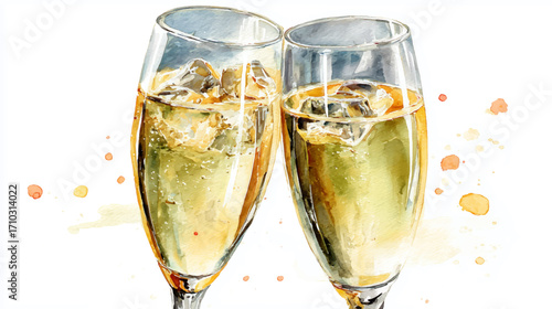 vector illustration of two glasses of prosecco, watercolor painting.
