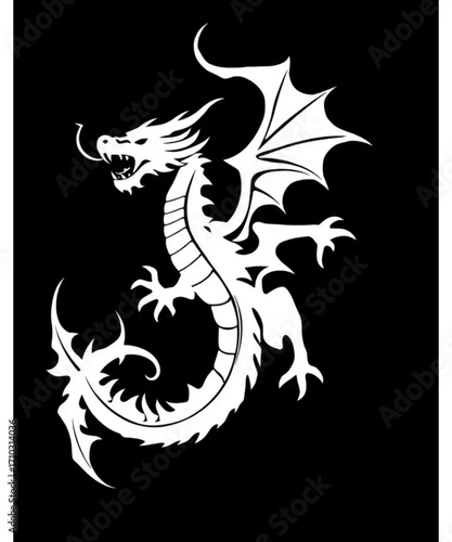 Mythical Dragon Silhouette: A stunning, monochrome representation of a legendary dragon, its serpentine body and intricate wings gracefully displayed against a deep, captivating backdrop.