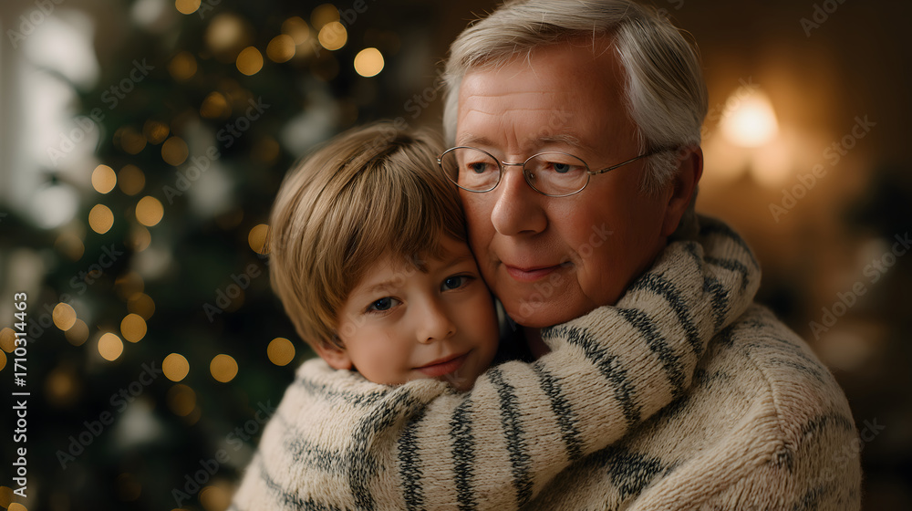 Obraz premium Christmas and generation alpha: Grandfather and grandson feel warmth of family bonds during special Christmas moment, hugging each other tenderly