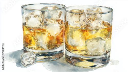 vector illustration of two glasses of whisky, watercolor painting.