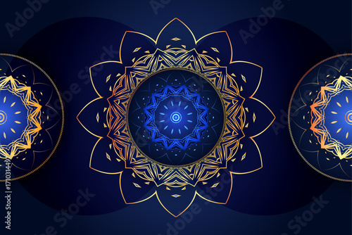 Elegant mandala artwork divided into two halves with gold white and blue intricate symmetry