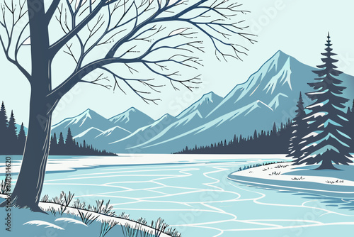 Stylized winter landscape with frozen lake and snow capped mountains