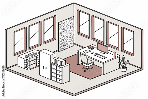 Isometric illustration of a modern home office with desk computer and storage