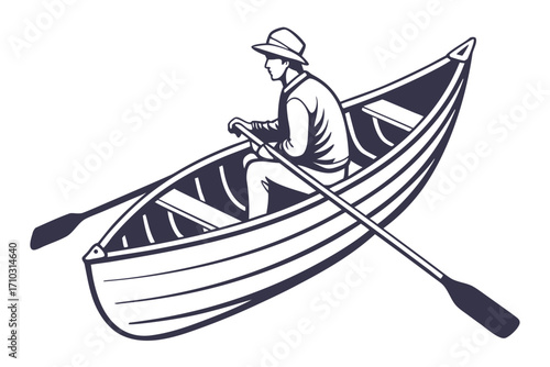 Man in a hat rowing a boat with oars
