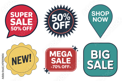 Sale sticker and promotion label set with bold badge, speech bubble, starburst and map pin shapes for online shop, vector