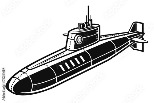 Black and white illustration of a modern military submarine