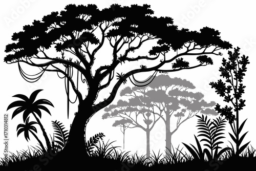 Silhouette of a lush tropical jungle with diverse trees and vines