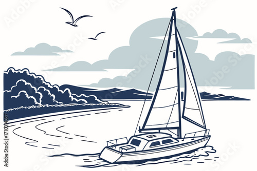 Sailboat sailing on calm water near a forested coastline with seagulls flying