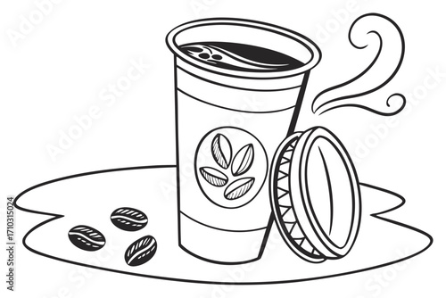 Black and white illustration of a steaming coffee cup with beans and lid