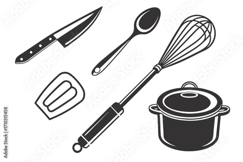 Collection of kitchen utensils and cooking pot illustration
