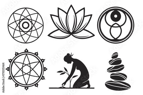 Collection of spiritual and wellness symbols including mandalas lotus and zen stones