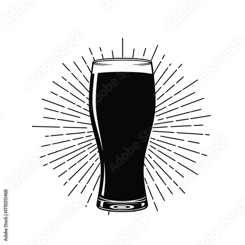 Illustration of a pint glass filled with dark beer against a sunburst background.