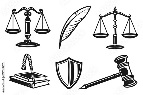 Collection of black and white legal symbols and icons