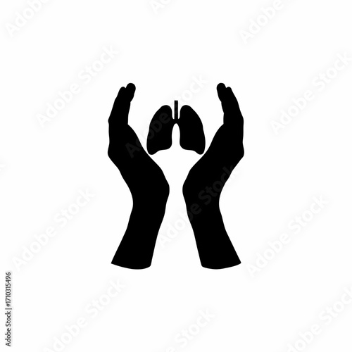 Silhouette of hands holding a glowing lungs icon isolated on white background