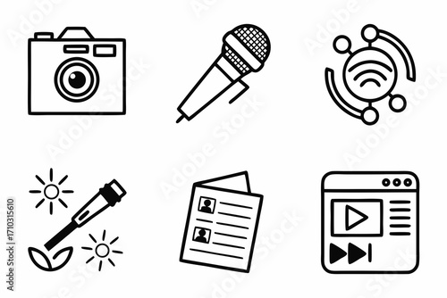 Set of six simple line art icons representing media and communication elements