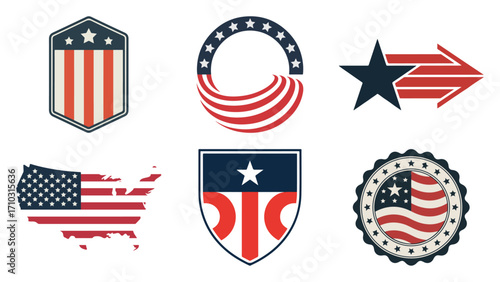 Patriotic usa badge and emblem set with star, stripe, shield, map silhouette and circular seal in red, white and blue, vector