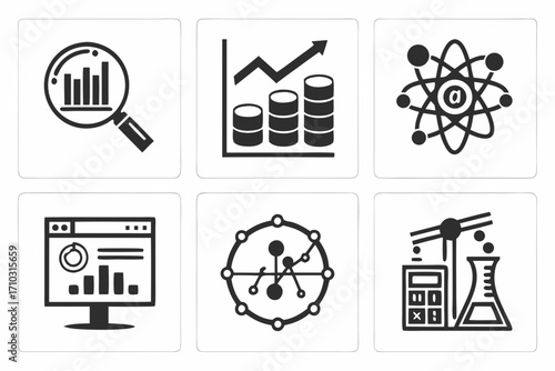 Set of six science and business icons representing data analysis and research