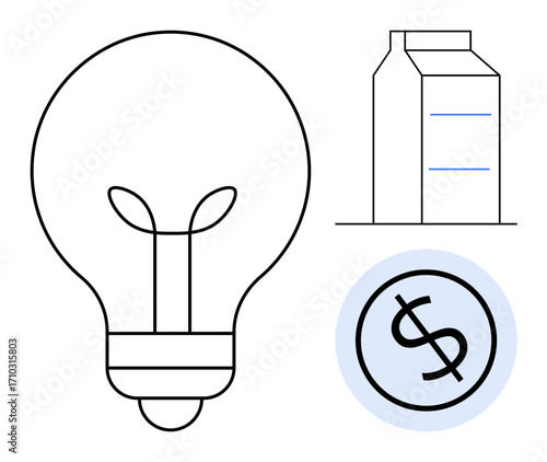 Lightbulb, milk carton, and coin with dollar sign suggest ideas, renewable resources, and finance. Ideal for innovation, eco-conscious design, startup planning, energy conservation food industry