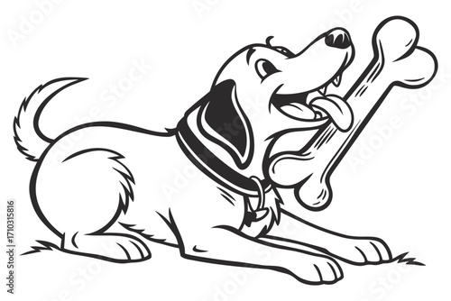 Happy cartoon dog lying down with a bone in its mouth