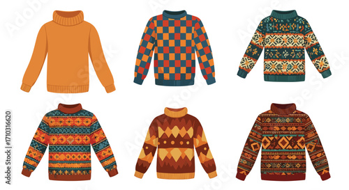 A collection of cozy and stylish knit sweaters with various patterns and colors.