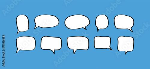 A set of ten diverse hand-drawn speech bubbles with a bold, black outline on a solid blue background. Includes various shapes and sizes, ideal for comics, dialogue, and communication themes