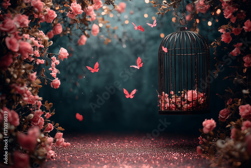 Maternity backdrop, wedding backdrop, photography background with delicate pink flowers and bird cage.