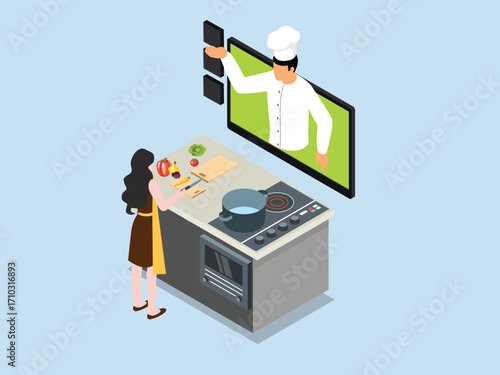 Woman Cooking with an Online Chef on a Screen 3d vector illustration