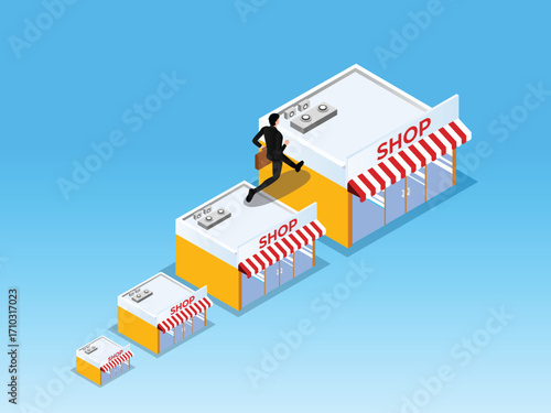 Progression of Business Growth, Entrepreneur Running on Top of Growing Shops, Business Expansion, Shop Building Getting Bigger 3d vector illustration