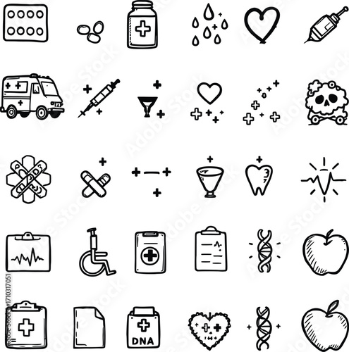 Hand-Drawn Medical Icon Set – Black Silhouettes of DNA, Hearts, Pills, Kits, Wellness, and Care