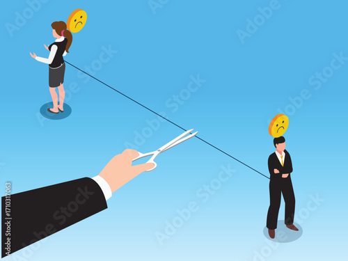 Cutting a String Between Two People with Sad Faces, Ending a Relationship or Business Partnership, Broken Communication, Firing an Employee. 3d vector illustration