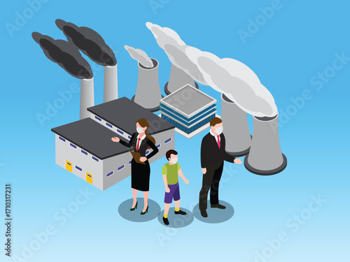 Family Wearing Face Masks in Front of a Polluting Factory, Environmental Pollution and Air Contamination, Climate Change. 3d vector illustration