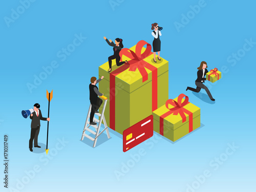 People Trying to Get a Big Gift Box, Marketing and Sales Strategy, Customer Loyalty and Rewards Program. 3d vector illustration