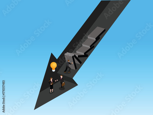 Businessman Trying to Fix a Broken Downward Arrow, Financial Crisis, Business Failure and Recession. 3d vector illustration