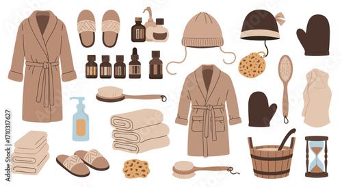 A collection of spa and bathing accessories with a neutral color palette.